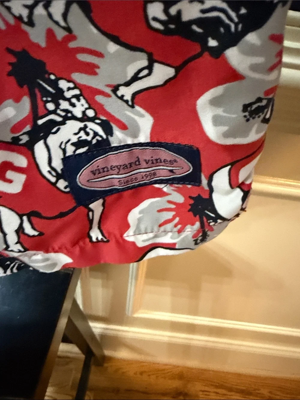 Vineyard Vines Red Floral Bulldog Print Swim Trunks-Georgia Bulldog Pattern